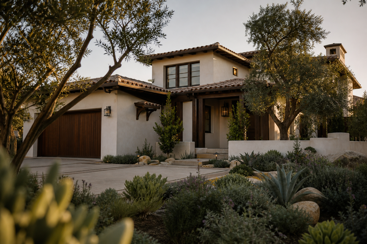 Contemporary California home exterior with landscaping at golden hour
